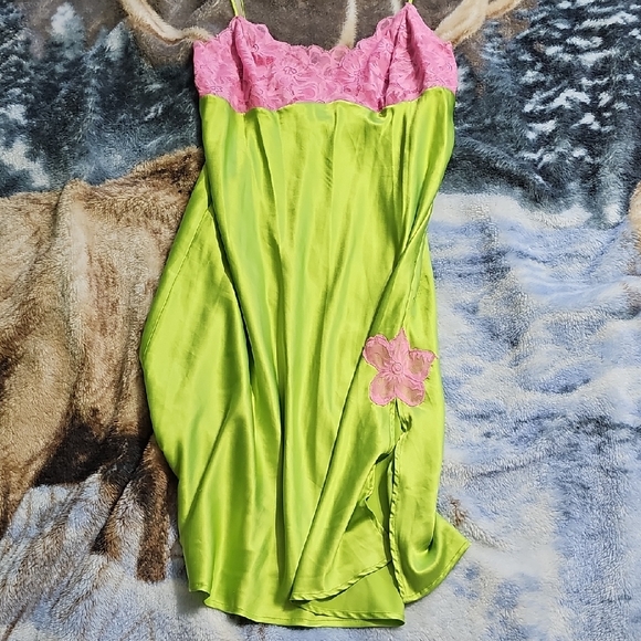 La SENZA Other - La SENZA Lime Green Satin Slip with Pink Lace Trim